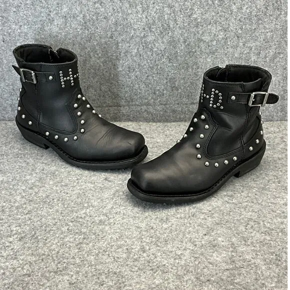 Harley Davidson Moto Black Leather Studded Side ZIp Square Toe Boots Women 7.5