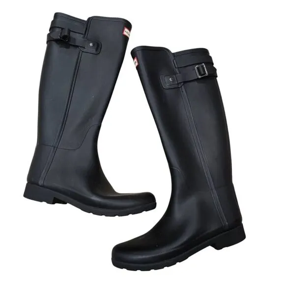 Hunter Refined Tall Rain Boots Women's 7 Black Buckle Strap Waterproof Outdoor
