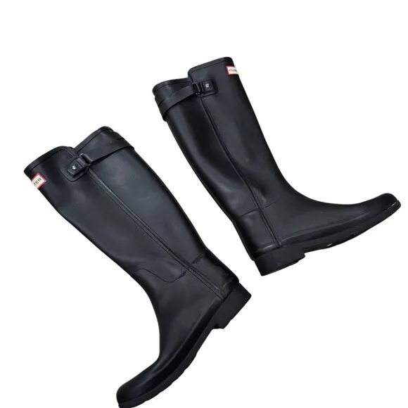 Hunter Refined Tall Rain Boots Women's 7 Black Buckle Strap Waterproof Outdoor