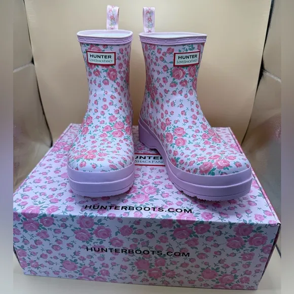 Hunter x LoveShackFancy Womens Play Rain Boot Pink Floral Rose Heart Size 10 NWT