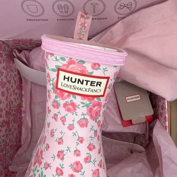 Hunter x LoveShackFancy Womens Play Rain Boot Pink Floral Rose Heart Size 10 NWT