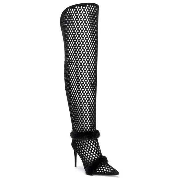 IAMJENNIFERLE sz 37 Black Mesh Thigh-High Stiletto Boots NWT