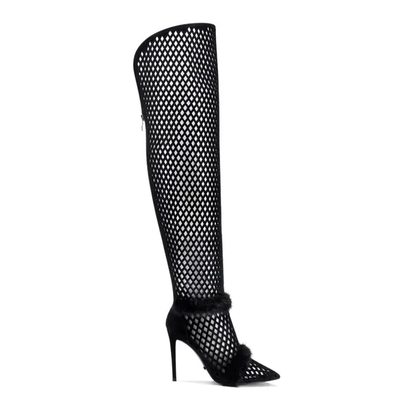 IAMJENNIFERLE sz 37 Black Mesh Thigh-High Stiletto Boots NWT
