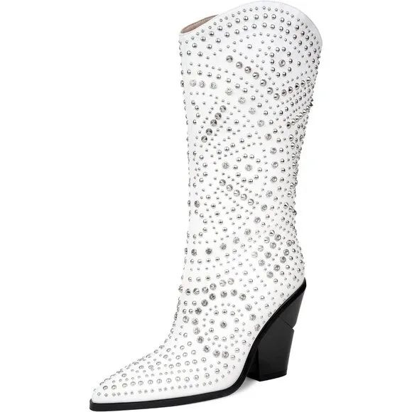 iiimmu Mid-Calf Boot Women white Metallic Rivets  high-quality materials