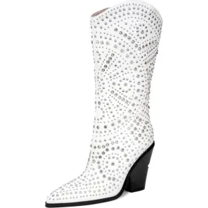 iiimmu Mid-Calf Boot Women white Metallic Rivets  high-quality materials