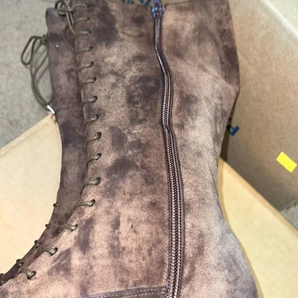Italian Flavio Zanasca Brown Suede Leather Lace Up Heeled Designer Boots size