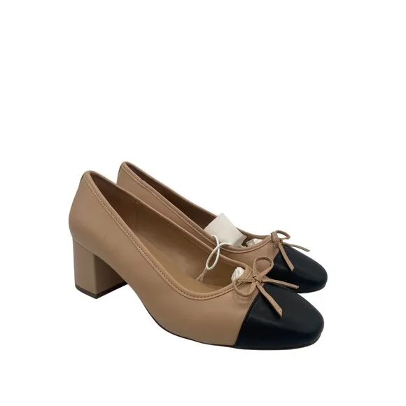 J. Crew Cap Toe Ballet Block Heels Pumps Bows Sz 9.5 Corpcore Beige Black Preppy