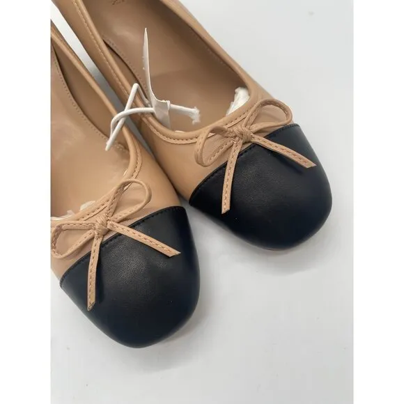 J. Crew Cap Toe Ballet Block Heels Pumps Bows Sz 9.5 Corpcore Beige Black Preppy