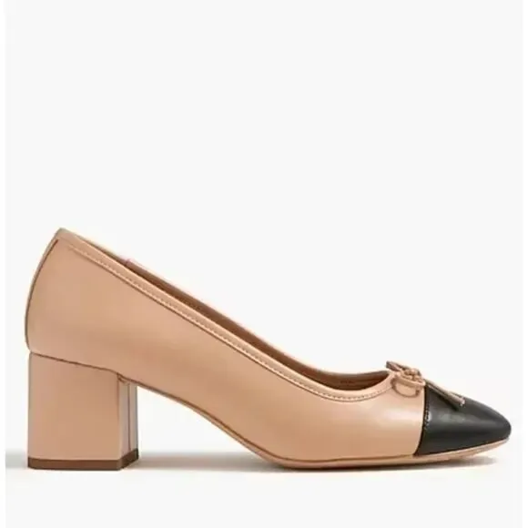 J. Crew Cap Toe Ballet Block Heels Pumps Bows Sz 9.5 Corpcore Beige Black Preppy