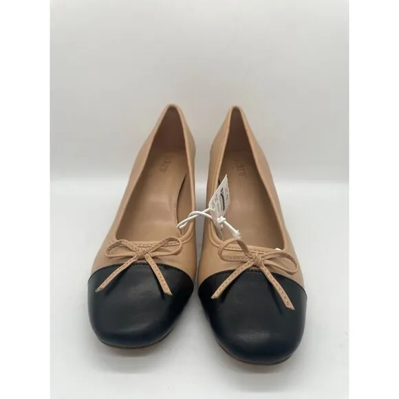 J. Crew Cap Toe Ballet Block Heels Pumps Bows Sz 9.5 Corpcore Beige Black Preppy