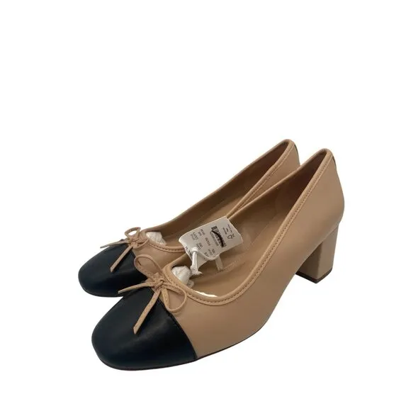 J. Crew Cap Toe Ballet Block Heels Pumps Bows Sz 9.5 Corpcore Beige Black Preppy