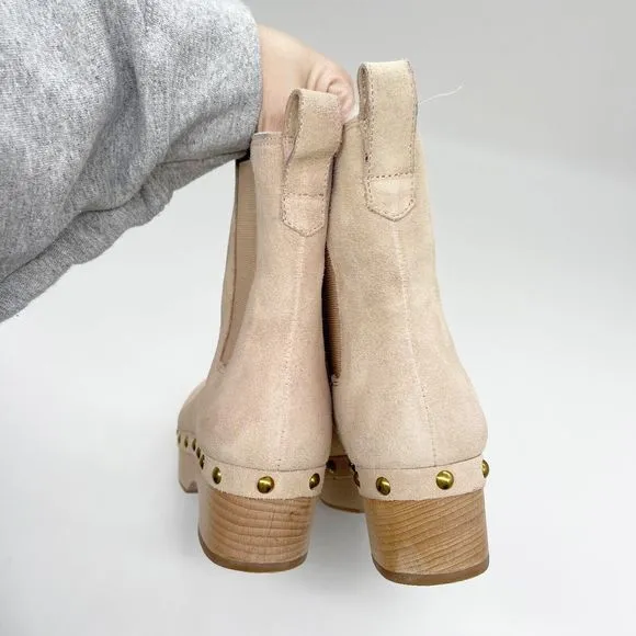 J. Crew Faux-fur Lined Clog Suede Boots Womens Size 6.5 Beige Wood Sole Chelsea