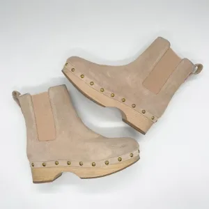 J. Crew Faux-fur Lined Clog Suede Boots Womens Size 6.5 Beige Wood Sole Chelsea