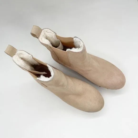 J. Crew Faux-fur Lined Clog Suede Boots Womens Size 6.5 Beige Wood Sole Chelsea