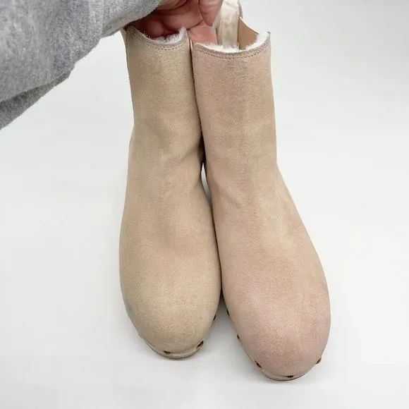 J. Crew Faux-fur Lined Clog Suede Boots Womens Size 6.5 Beige Wood Sole Chelsea