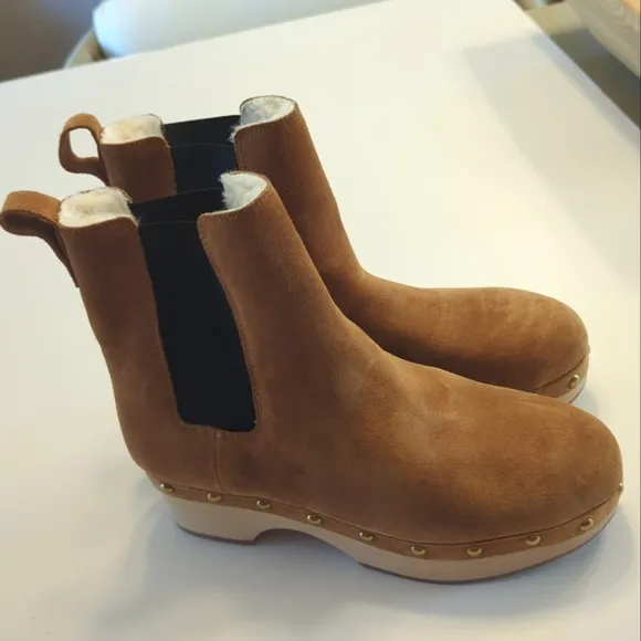 J Crew Faux Fur Lined Studded Wooden Clog Boots Size 8.5 Pecan Brown BD336 EUC