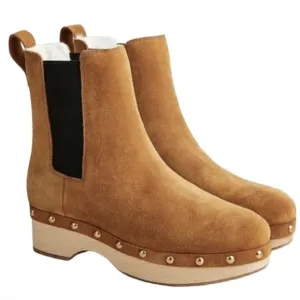 J Crew Faux Fur Lined Studded Wooden Clog Boots Size 8.5 Pecan Brown BD336 EUC