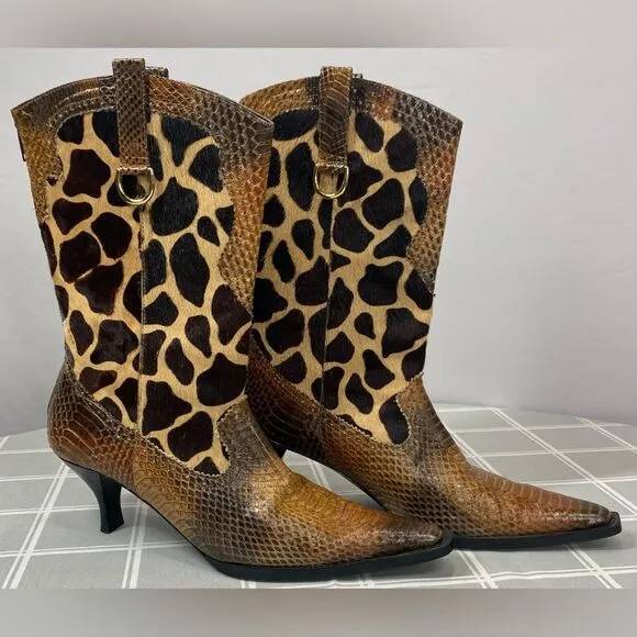 J Renee Womens Size 7.5 Lioness Boots Shoes Snakeskin Fur Giraffe Print Pattern