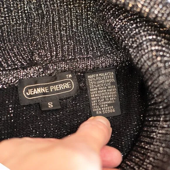 Jeanne Pierre Womens Wool Silver Metallic Sweater Turtleneck Black Tunic Size S
