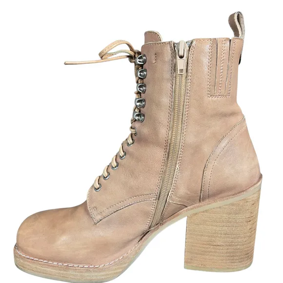 Jeffrey Campbell Dotti Boots Women 10 Beige Heeled Leather Lace Up Combat Anthro