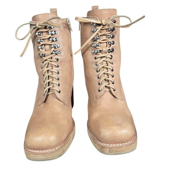 Jeffrey Campbell Dotti Boots Women 10 Beige Heeled Leather Lace Up Combat Anthro