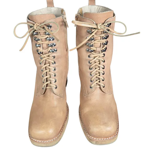 Jeffrey Campbell Dotti Boots Women 10 Beige Heeled Leather Lace Up Combat Anthro