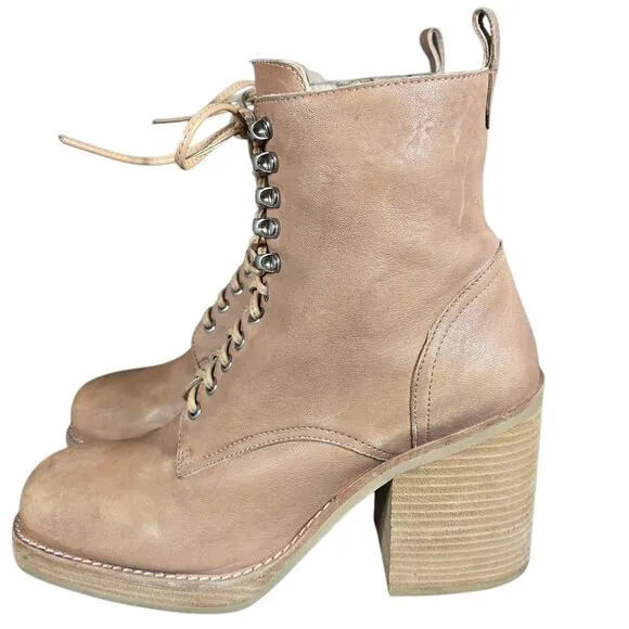 Jeffrey Campbell Dotti Boots Women 10 Beige Heeled Leather Lace Up Combat Anthro