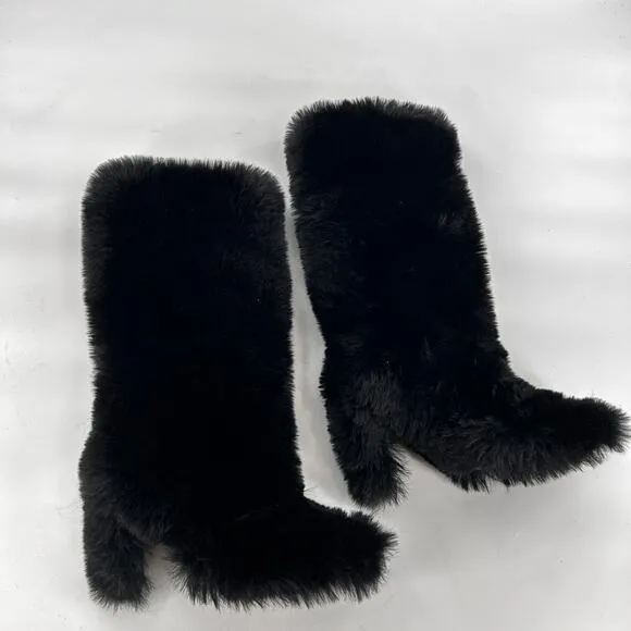 Jeffrey Campbell Fuzzie Boots 5.5 Black NWOT Faux Fur Tall Knee High Heel Glam
