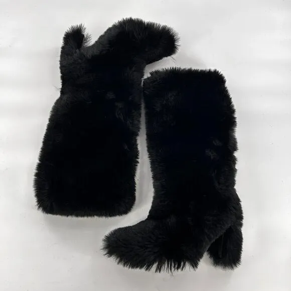Jeffrey Campbell Fuzzie Boots 5.5 Black NWOT Faux Fur Tall Knee High Heel Glam