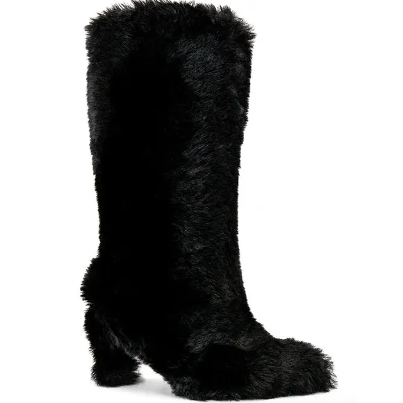 Jeffrey Campbell Fuzzie Boots 5.5 Black NWOT Faux Fur Tall Knee High Heel Glam