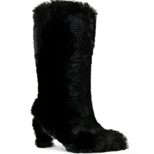 Jeffrey Campbell Fuzzie Boots 5.5 Black NWOT Faux Fur Tall Knee High Heel Glam