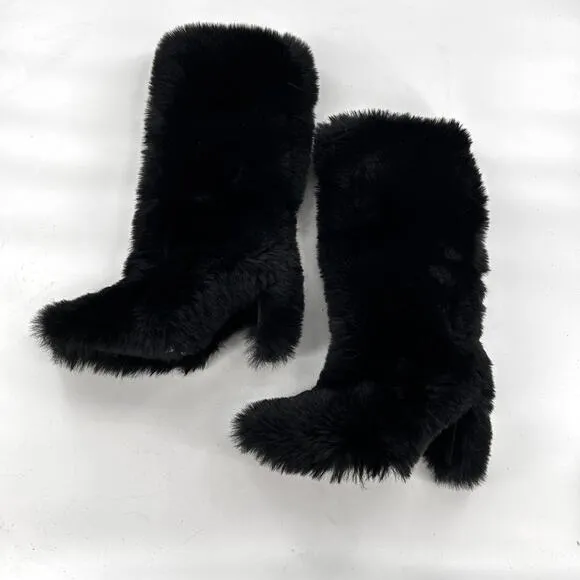 Jeffrey Campbell Fuzzie Boots 5.5 Black NWOT Faux Fur Tall Knee High Heel Glam