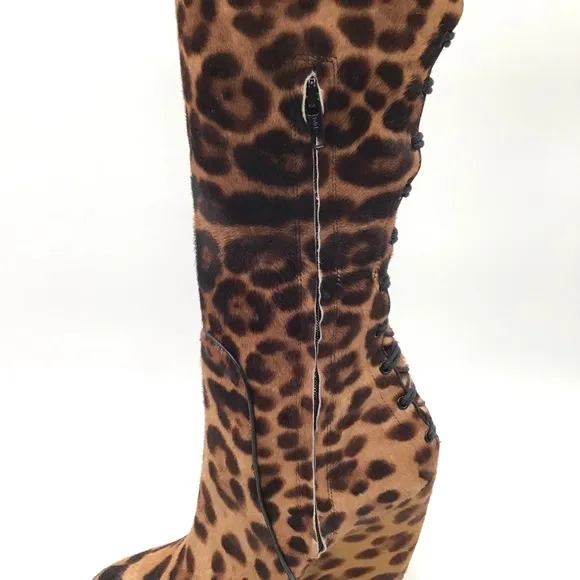 Jerome C Rousseau leopard print calf hair leather knee high wedge boots EU 37.5