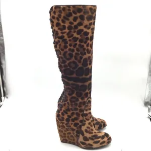 Jerome C Rousseau leopard print calf hair leather knee high wedge boots EU 37.5