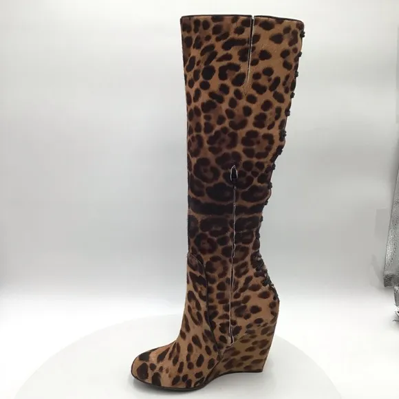 Jerome C Rousseau leopard print calf hair leather knee high wedge boots EU 37.5