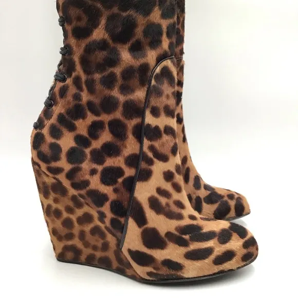 Jerome C Rousseau leopard print calf hair leather knee high wedge boots EU 37.5