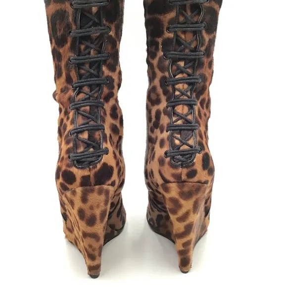 Jerome C Rousseau leopard print calf hair leather knee high wedge boots EU 37.5