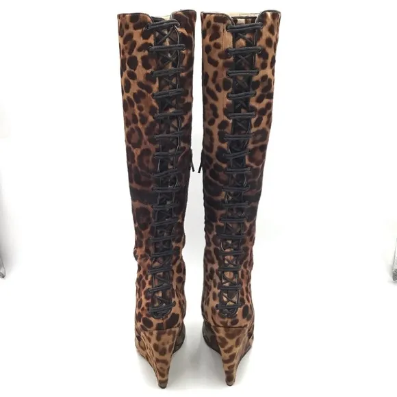 Jerome C Rousseau leopard print calf hair leather knee high wedge boots EU 37.5