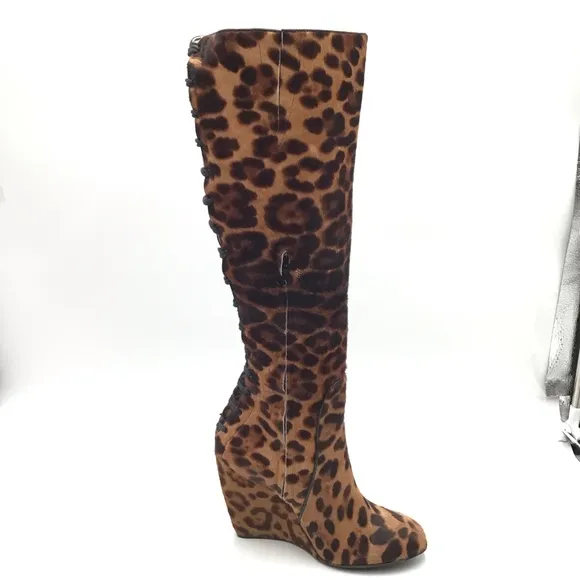 Jerome C Rousseau leopard print calf hair leather knee high wedge boots EU 37.5