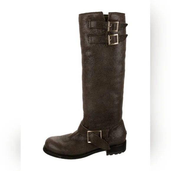 JIMMY CHOO // Genuine Shearling Tall Metallic Shimmer Riding Buckle Boots