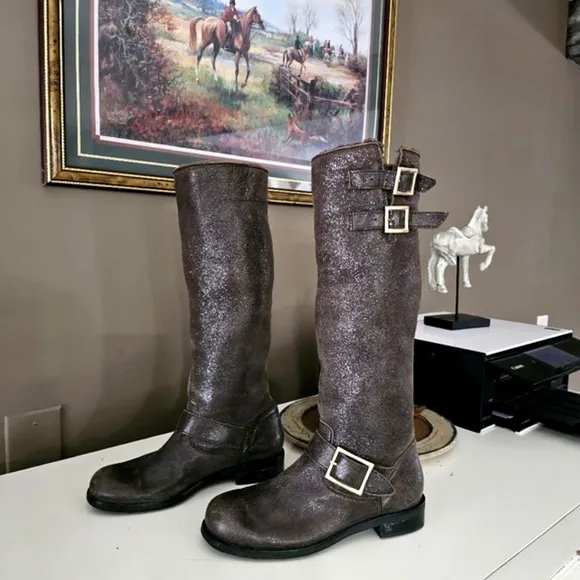 JIMMY CHOO // Genuine Shearling Tall Metallic Shimmer Riding Buckle Boots