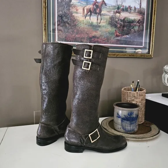 JIMMY CHOO // Genuine Shearling Tall Metallic Shimmer Riding Buckle Boots