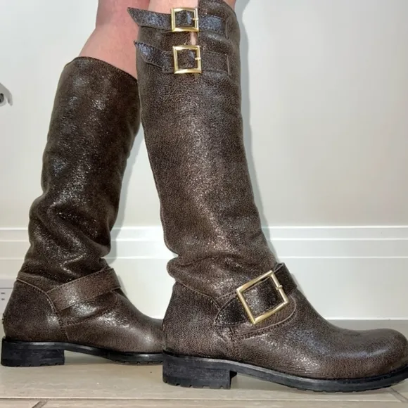 JIMMY CHOO // Genuine Shearling Tall Metallic Shimmer Riding Buckle Boots