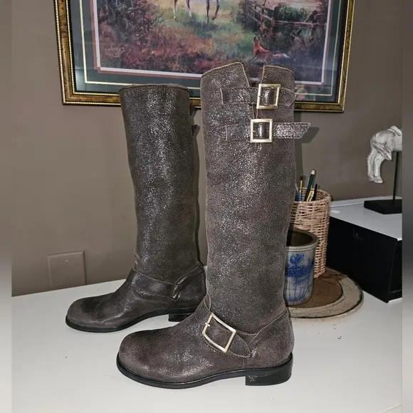 JIMMY CHOO // Genuine Shearling Tall Metallic Shimmer Riding Buckle Boots