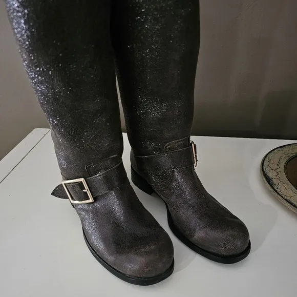 JIMMY CHOO // Genuine Shearling Tall Metallic Shimmer Riding Buckle Boots