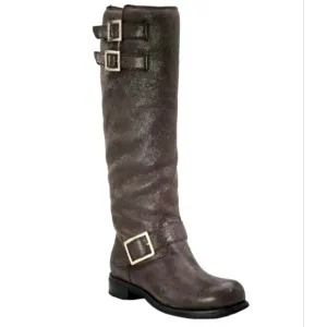 JIMMY CHOO // Genuine Shearling Tall Metallic Shimmer Riding Buckle Boots
