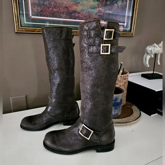 JIMMY CHOO // Genuine Shearling Tall Metallic Shimmer Riding Buckle Boots