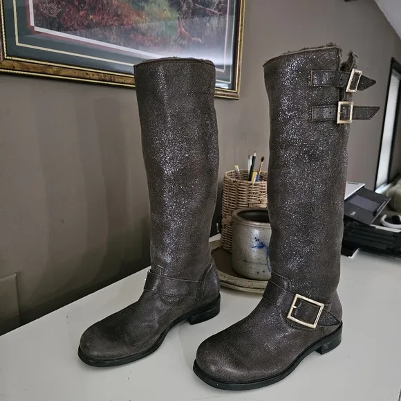 JIMMY CHOO // Genuine Shearling Tall Metallic Shimmer Riding Buckle Boots