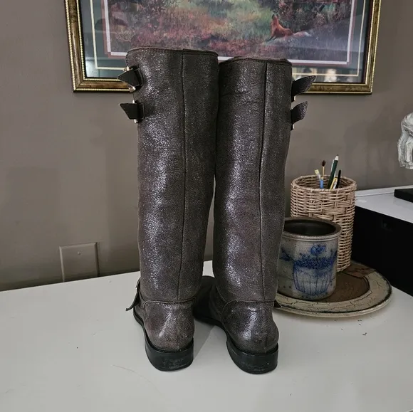 JIMMY CHOO // Genuine Shearling Tall Metallic Shimmer Riding Buckle Boots