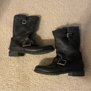 Jimmy Choo Leather Buckle Biker Fur Lined Boots